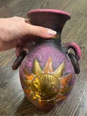 Vintage Mexican Celestial Sun Terracotta Wall Pottery Vase